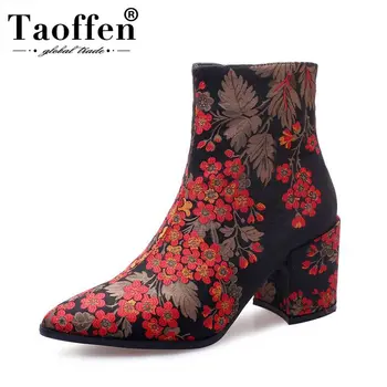 

TAOFFEN Ethnic Style Women Ankle Boots Autumn Winter Daily Mom Shoes Zipper Pointed Toe Print Women Footwear Size 34-43