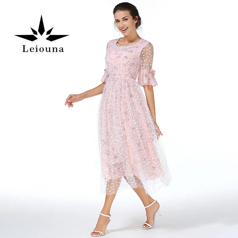 Leiouna Summer Sweet Pink Floral Temperament Chiffon Lace Gauze Flare