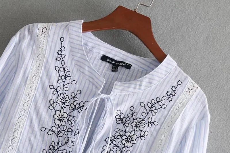 VOGUEIN Новая женская цветочная вышитая полосатая кисточка с расклешенными рукавами блузка рубашка Топы
