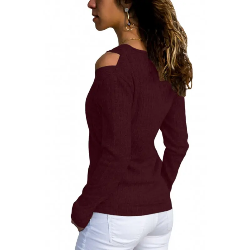 pullover Female rib knit long-sleeved top winter clothes women V-neck cold shoulder sweater casual pure Color clothes autumn (5)