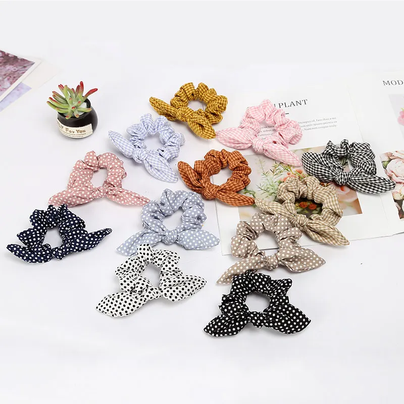 

Elastic Grid 1PC Hair Bands Dots Hair Rope Hair Accessories Hot Sale Girls Bunny Ears Scrunchie Ponytail Holder Hair Tie Women