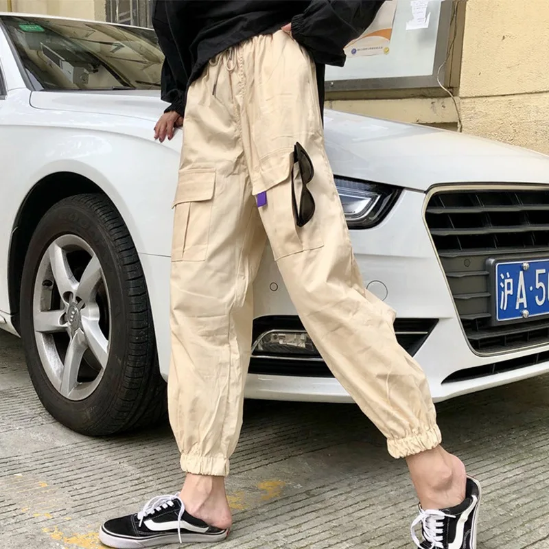 

Women High Waist Loose Joggers Pants Drawstring Streetwear Causal Ladies Cargo Pants Solid Big Pocket Female Pants Punk Trousers