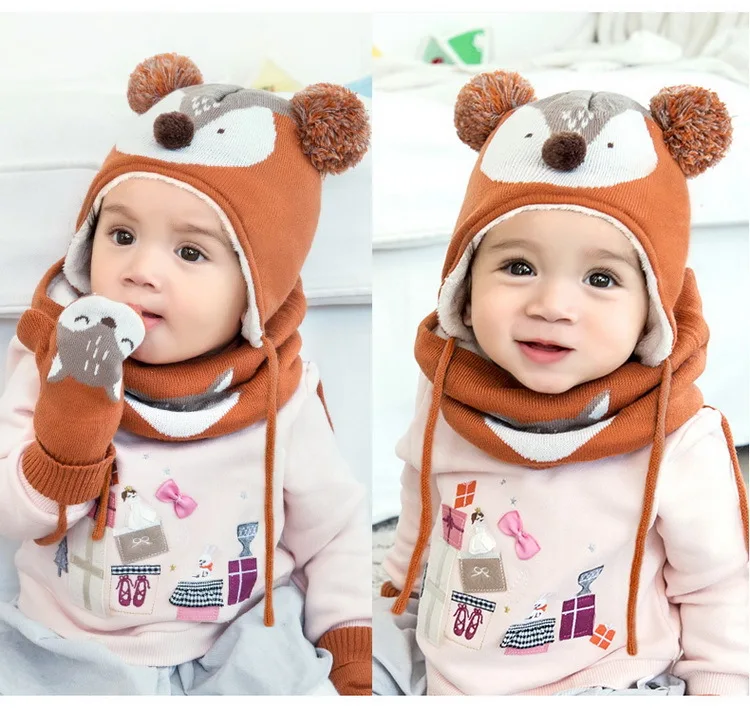 3pcs/Set Baby Kids Winter Cotton Hat Scarf Set Winter Knit Cap Children Warm Scarf For Boys Suit Beanies Hats Scarf For Girl Boy