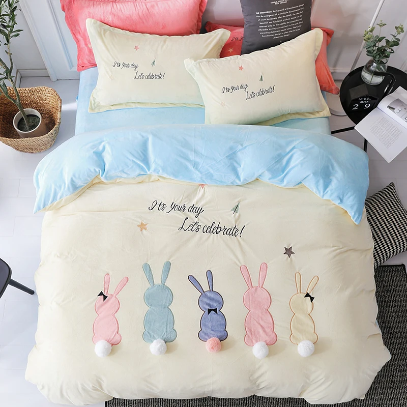 Cartoon Lovely Rabbit Bear Applique Embroidery Flannel Bedding Set