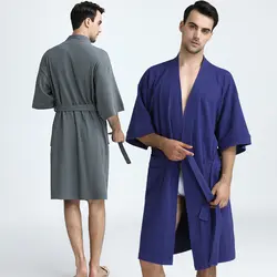 Для мужчин 100% хлопок плюс размеры Водопоглощение вафельное кимоно ванной Халат летнее полотенце халат женщин мужской по колено