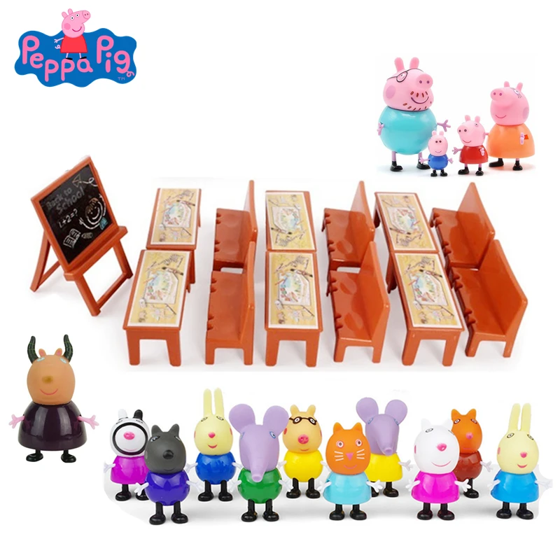 

Peppa Pig School School Desk Set Toys Animated Character Model Piggy Teacher Action Figure Model Doll Family Set Children's Toys