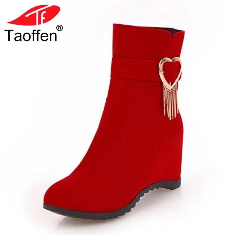 

TAOFFEN Size 33-43 Women Winter Boots Fashion Zipper Buckle High Heels Warm Shoes Women Concise Round Toe Fur Ankle Boots