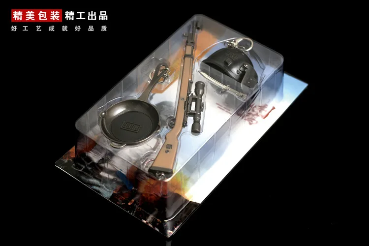 

PUBG Playerunknown's Battlegrounds Pans + Kar98k + helmet 3D Weapon Model Pendant Keychain action figure