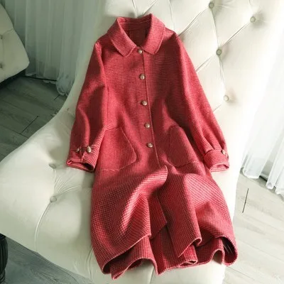 Клетчатое двойное шерстяное пальто для женщин, зимняя куртка, Длинная тонкая, 7 цветов, S, M, L - Цвет: Красный