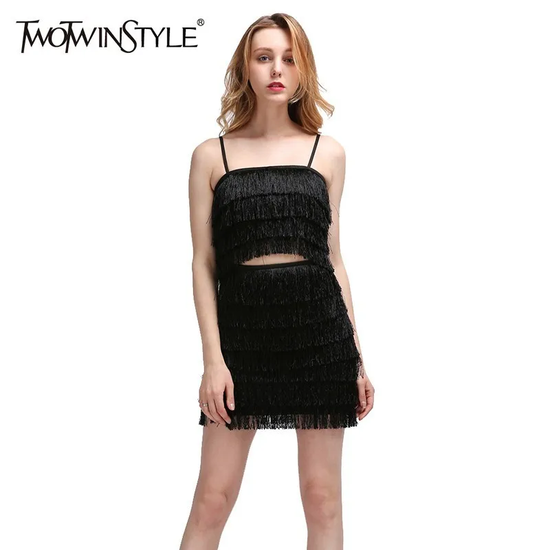 

TWOTWINSTYLE Sexy Tassel Two Piece Set For Women Sleeveless Off Shoulder Crop Tops High Waist Mini Skirt Female Suit Summer 2019