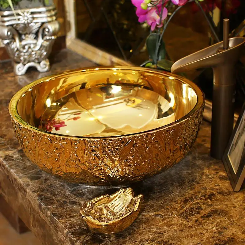 Gold Artistic Procelain Europe Vintage Style Art wash basin Ceramic