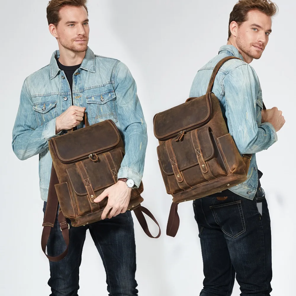 Новинка, мужской рюкзак из натуральной воловьей кожи, мужские кожаные рюкзаки Crazy-horse, рюкзак для колледжа, офиса, 15 дюймов, рюкзак для ноутбука