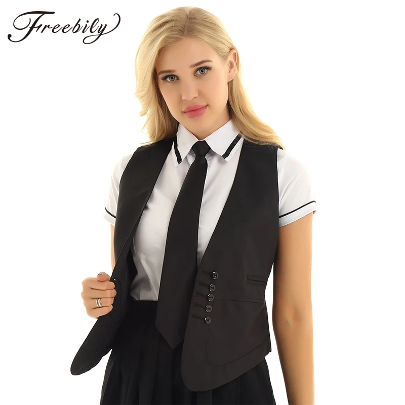 

Women Full Lined Slim Fit Suit Short Vest Waistcoat V-Neck Sleeveless Front Double Breasted Formal Dressy Vest Tops Waistcoat