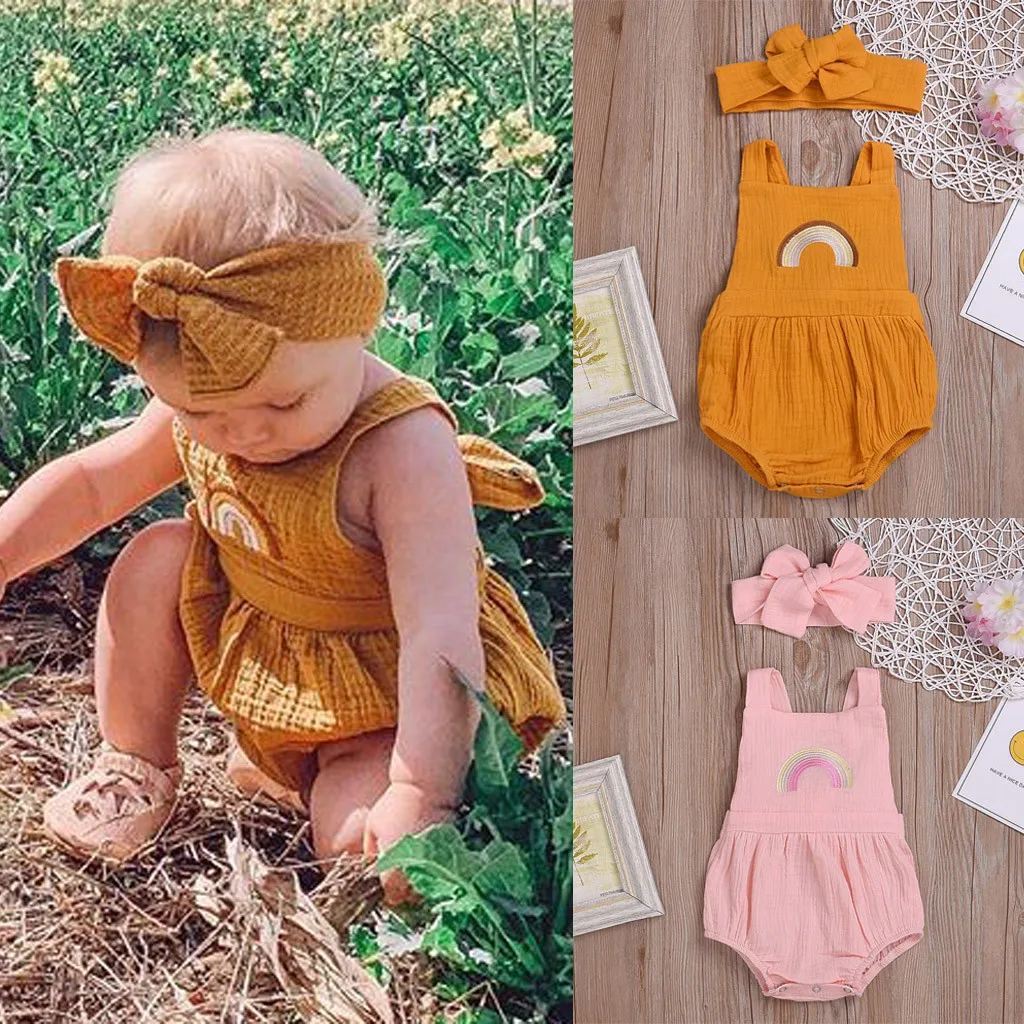 

2019 Toddler Newborn Baby Girl Rainbow printed Strap Romper With Headband Jumpsuit 2Pcs Outfit Set Ruffled Crops Sunsuit Sets