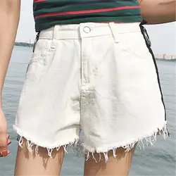 Высокая талия джинсовые шорты Летняя Для женщин Harajuku минимализм Тонкой кисточкой боковые брусья корейский обруч пряжка