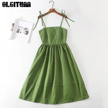 

Women 2020 Summer New Green Dress Spaghetti strap Slim Mid-length Dress Korean Version Style Vestidos De Fiesta Female DR1103