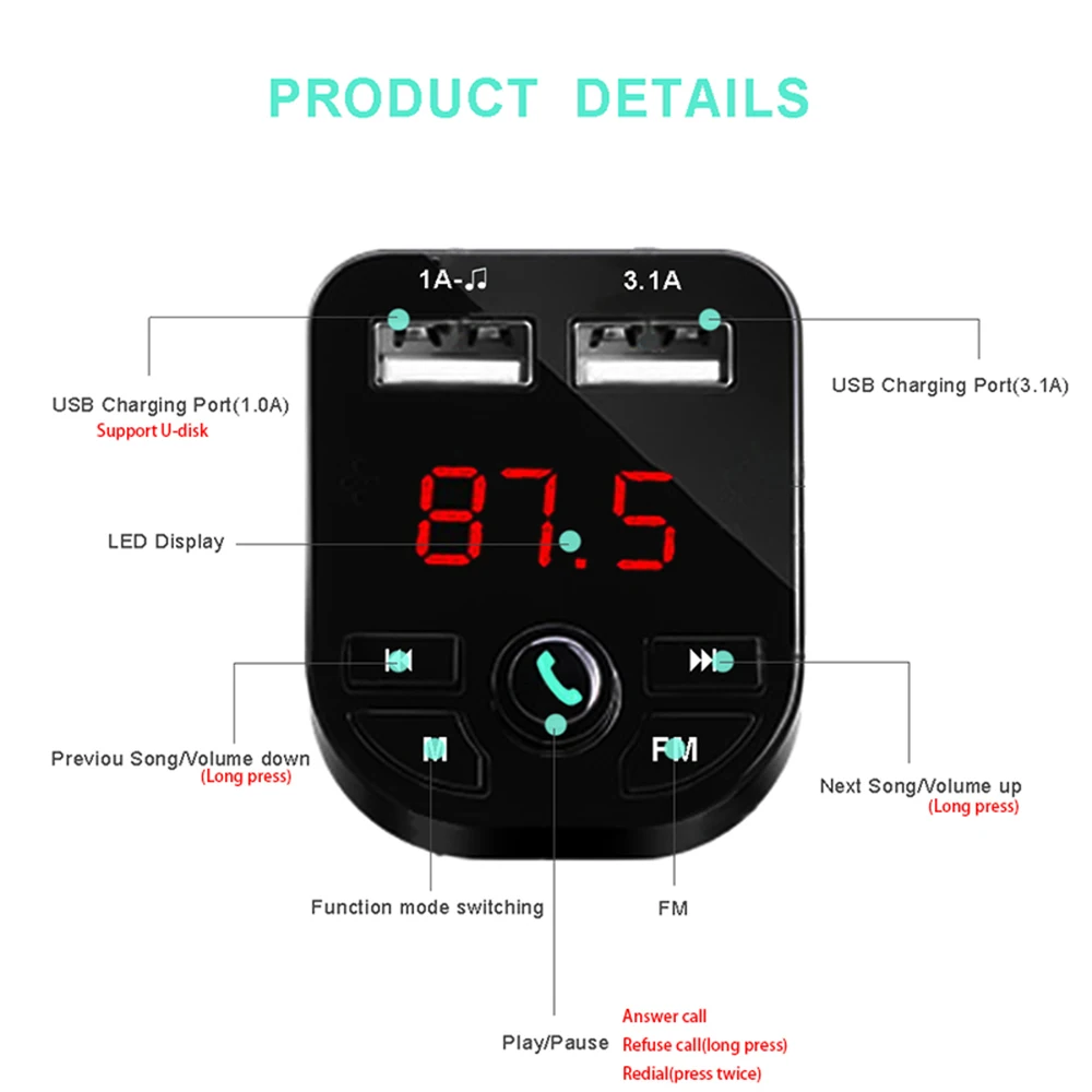 3.1A двойной зарядное устройство USB с fm-передатчиком Bluetooth Handsfree FM модулятор телефон зарядное устройство 12 В в автомобиль для iPnone Xiaomi HUAWEI