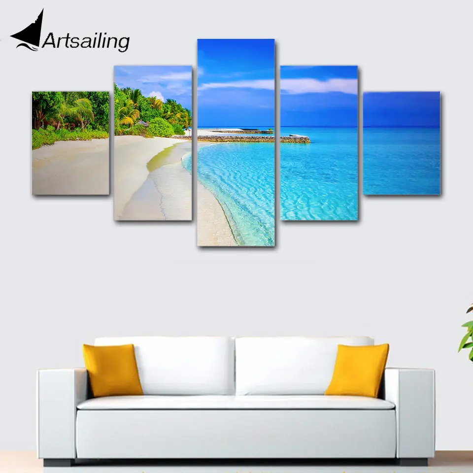 

ArtSailing 5 Pannels canvas prints Seascape long beach wave blue sky HD wall art painting Home Decoration For Living Room poster