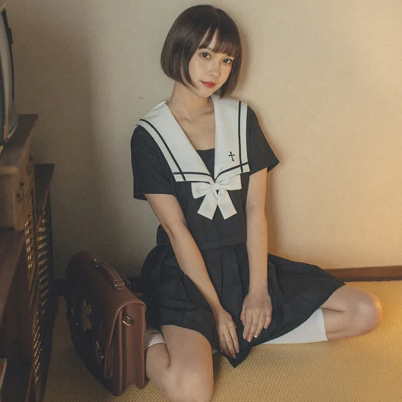 

UPHYD New Arrival Sailor Uniform Cosplay Sets JK School Uniforms For Girls White Collar Shirt And Black Skirt Suits Student Clot