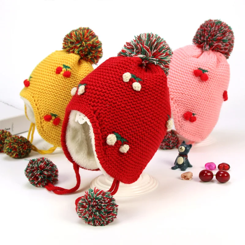Cheery Knit Baby Hat Warm Velvet Winter Hat For Girls Ear Protect Lace Up Baby Beanie Pompom Cute Toddler Hat Baby Girl Clothing (15)