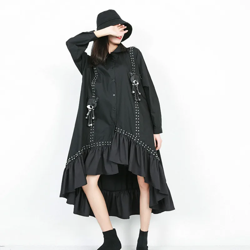 

LANMREM 2018 Fashion Women Autumn Pullover Long Sleeve Irregular Ruffles Patchwork Doll Shirt Loose Dress Female Clothes TA508