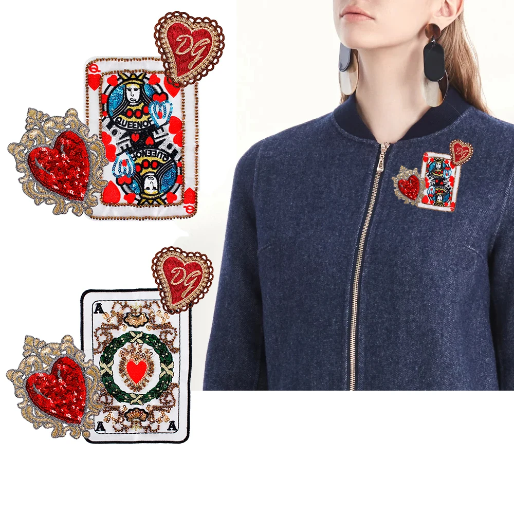 

1set Embroidery Beaded Sequin Card Poker Patches letters Floral Queen Applique Heart Badge Sewing for Jacket T-shirt Decorative