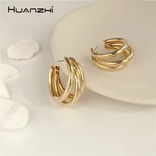 HUANZHI золотое покрытие металлом Гипербола круглые геометрические Простые Изогнутые корейские серьги-гвоздики для женщин вечерние Ювелирные изделия Подарки