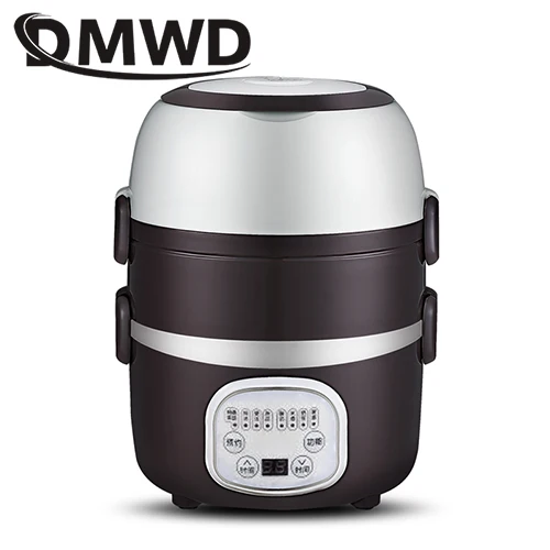 DMWD мини-рисоварка, портативная, 2/3 слоев, коробка для еды, Ланч-бокс, пароварка, тепловой горшок для приготовления пищи, Подогрев пищи, Электрический Ланчбокс, контейнер, ЕС - Цвет: brown smart three