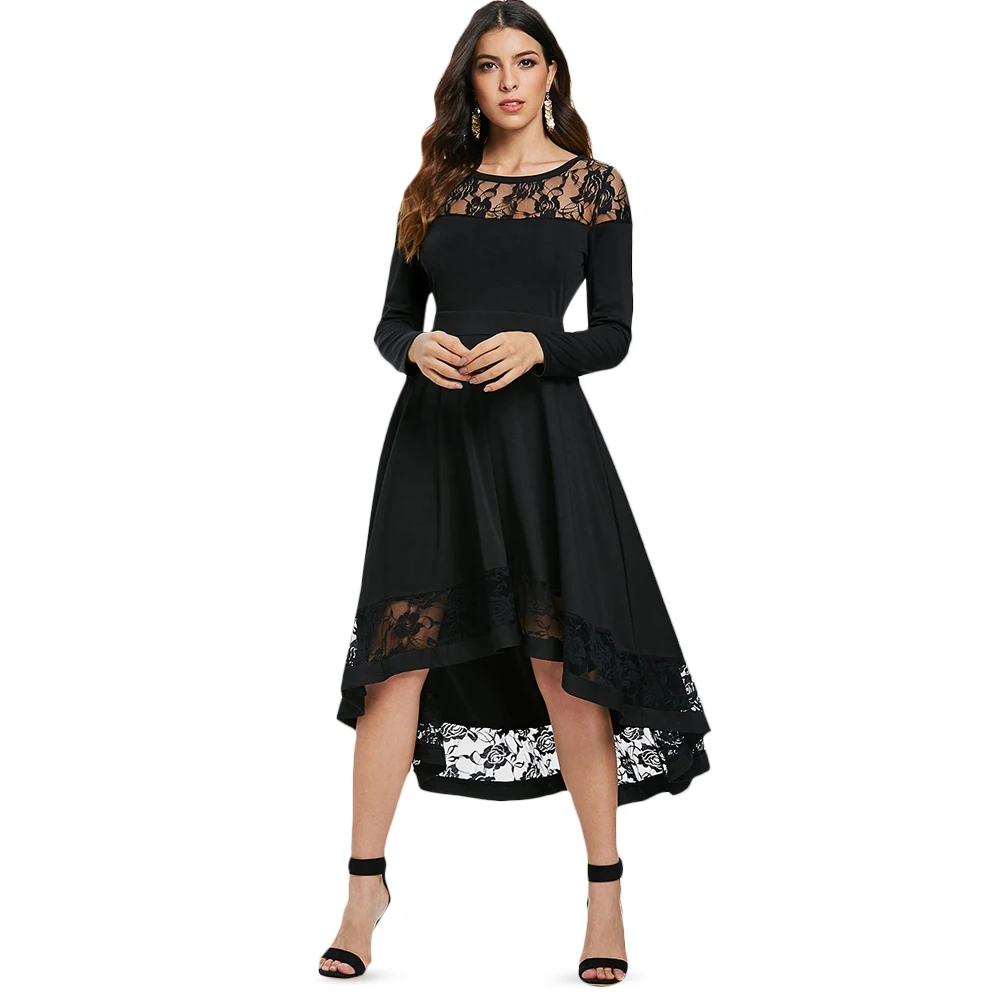 VESTLINDA Lace Dress Women O Neck Long Sleeve Dress 2018 Autumn A Line High Waist Midi Vestidos Solid Black Casual Ladies Dress 7