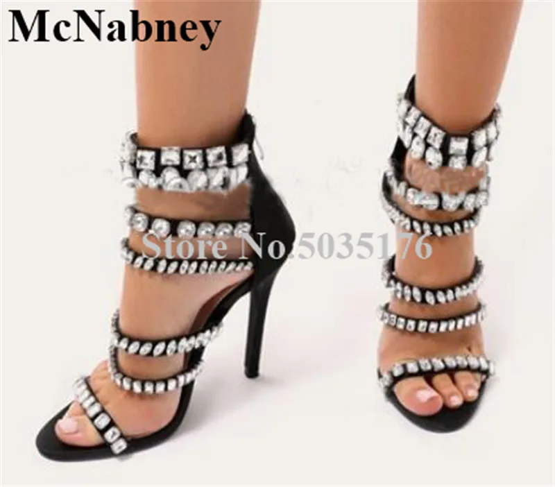 

2019 European Fashion Peep Toe Sandals Rhinestone Ankle Narrow Band High Stiletto Heel Cover Heel Zip Sandals Dress Women shoes