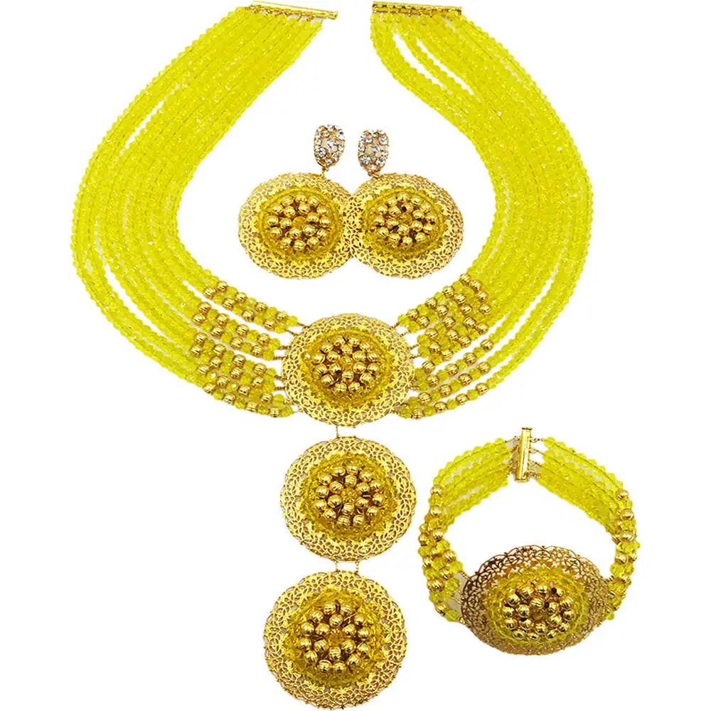 

Fashion Yellow Crystal Multistrands African Jewelry Set Nigerian Beads Necklace for Women 8C-3PH020