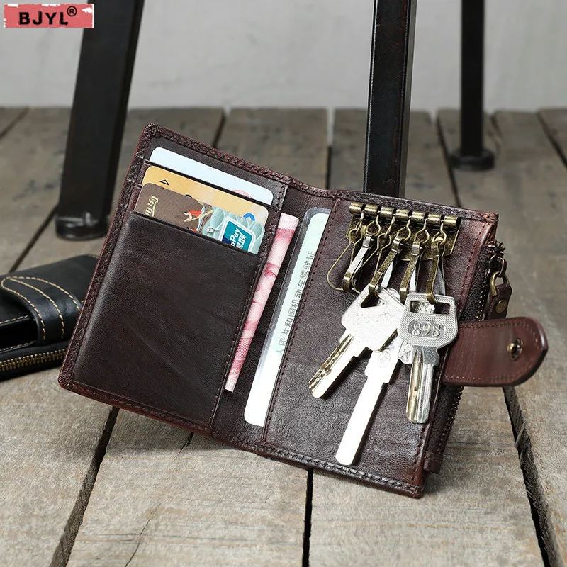 

BJYL Handmade retro mini Men purse wallet vegetable tanned leather small card leather ultra-thin personality key card wallets