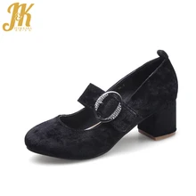 J&K 2017 Big Size 33-46 Women’s Shoes Heels Brand Flock Mary Jane Shoes Buckle Strap Pumps Casual Thick Heeled Round toe Pumps