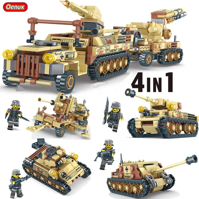 

Oenux 4IN1 World War 2 Tank Model 88mm Flak 36 Jagdpanzer Tank Russian T-34 Medium Tank WW2 Military Building Block Brick Toy