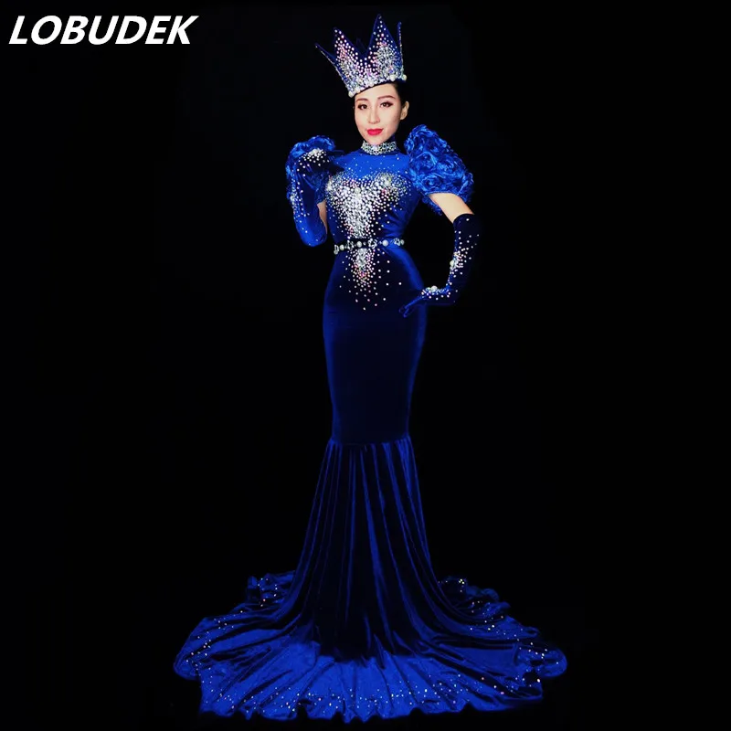 

Bright blue Crystals female costume sexy stones women long dress for singer dancer nightclub DS DJ Stag Party bar Prom show