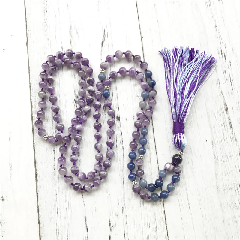 

108 mala beads Necklace Meditation Necklace Tassel Buddhist Prayer Beads Purple Quartz & Blue Aventurine Mala For Calming