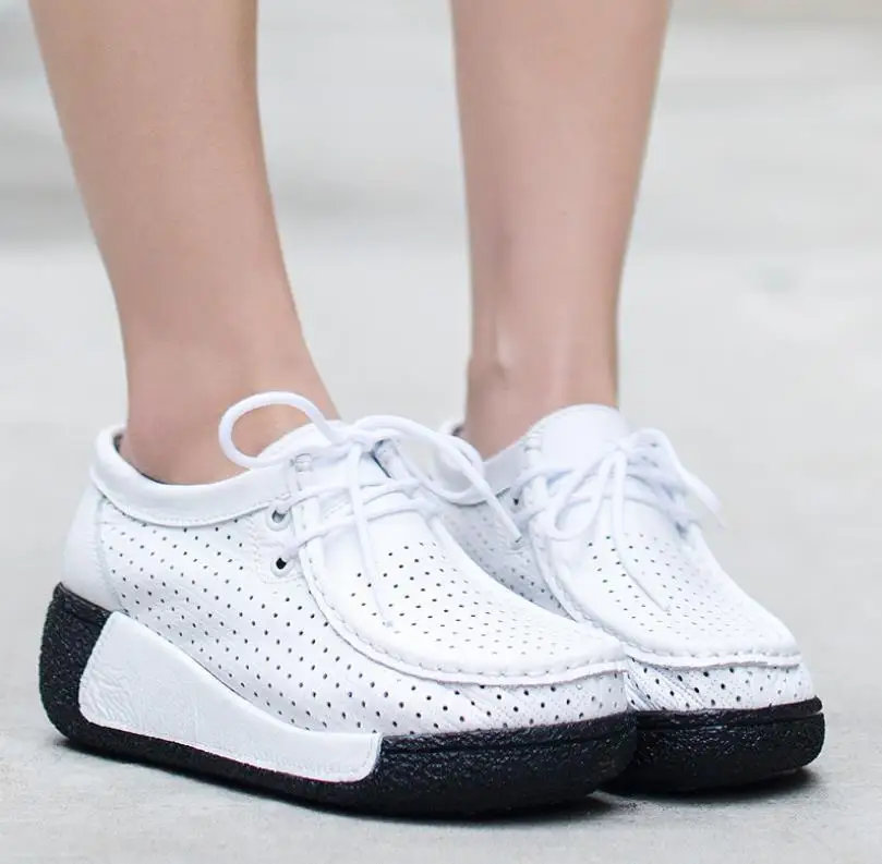 

Leather lace-up rocking shoes thick-soled women's shoes hollow casual breathable wedges mother shoes
