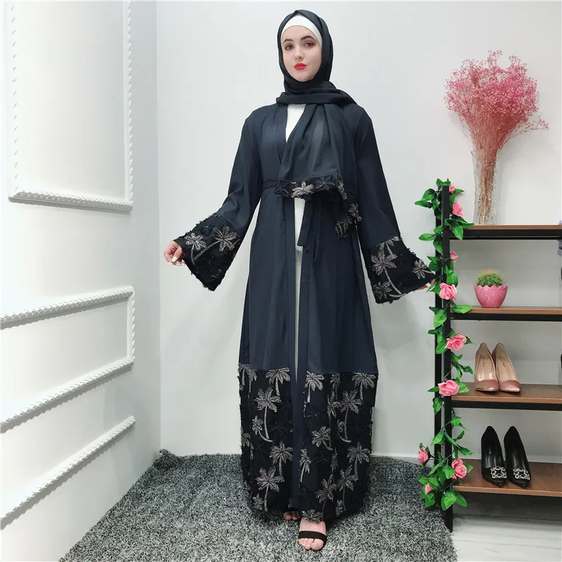 

Arabic Vintage Cardigan Abaya Muslim Women Lace Stitching Long Kaftan Dresses without Scarf