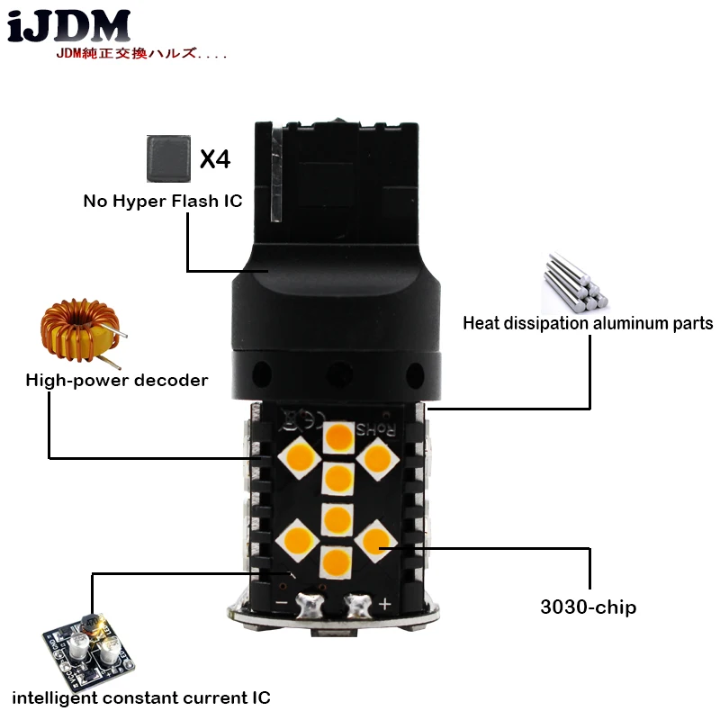 IJDM(4) Canbus Error Free 7440 светодиодный No Hyper Flash 21 Вт янтарно-желтый W21W T20 светодиодный Сменные лампы для автомобильных указателей поворота