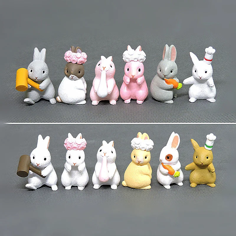 BAIUFOR 6pcs Forest Animals Cartoon Rabbit family Action Figures Fairy Garden Miniatures Terrarium Figurines Children Toys