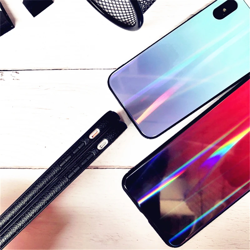 BONVAN For iPhone X 7 8 Plus Tempered Glass Back Case Gradient Color Laser Aurora Silicone Bumper For iPhone 7 6S 8 6 Plus Cover27