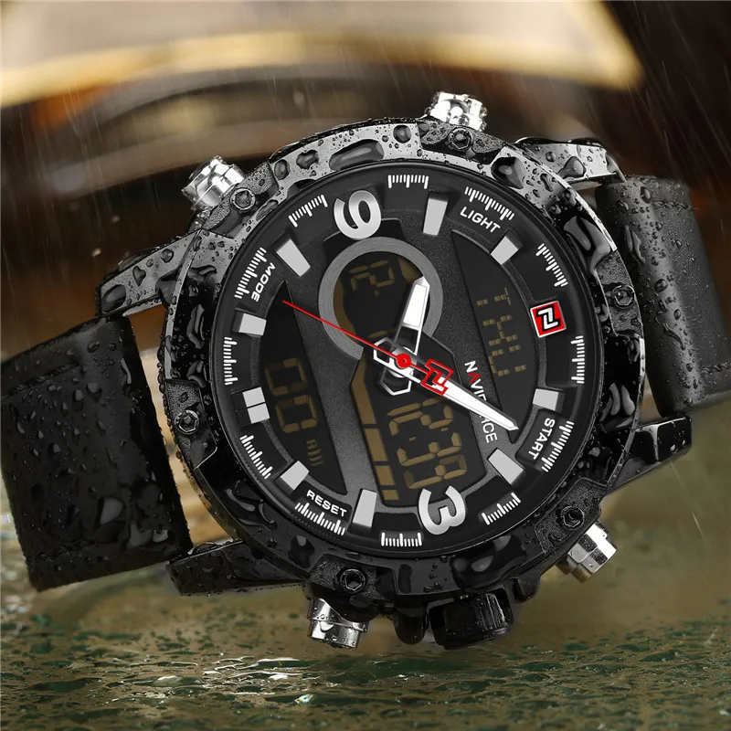 Мужские часы от ведущего бренда Naviforce, роскошные спортивные цифровые военные мужские часы из натуральной кожи, мужские наручные часы с хронографом 9097