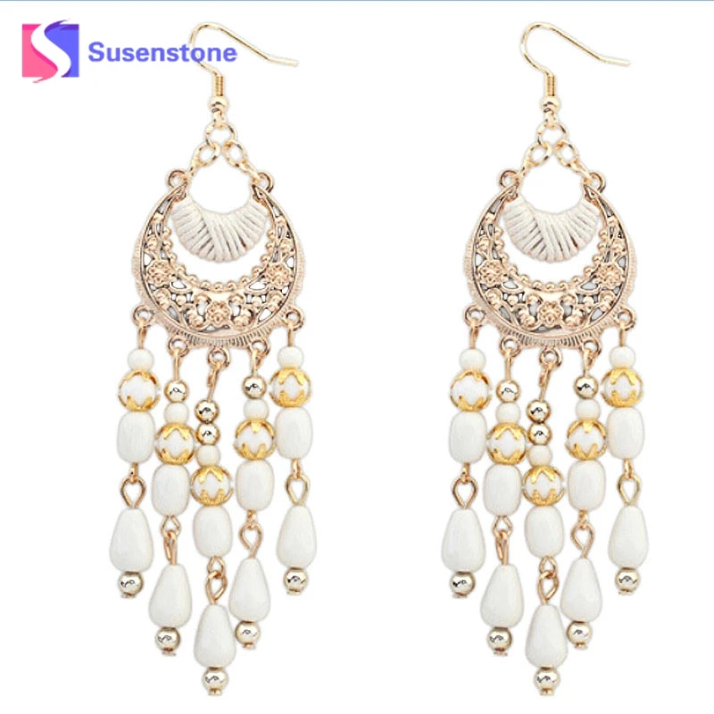 

susenstone 2018 Hot Sale female Earrings Women's Bohemian Fringed Long Section Of Big Beads Pendant Earrings Hot Sales