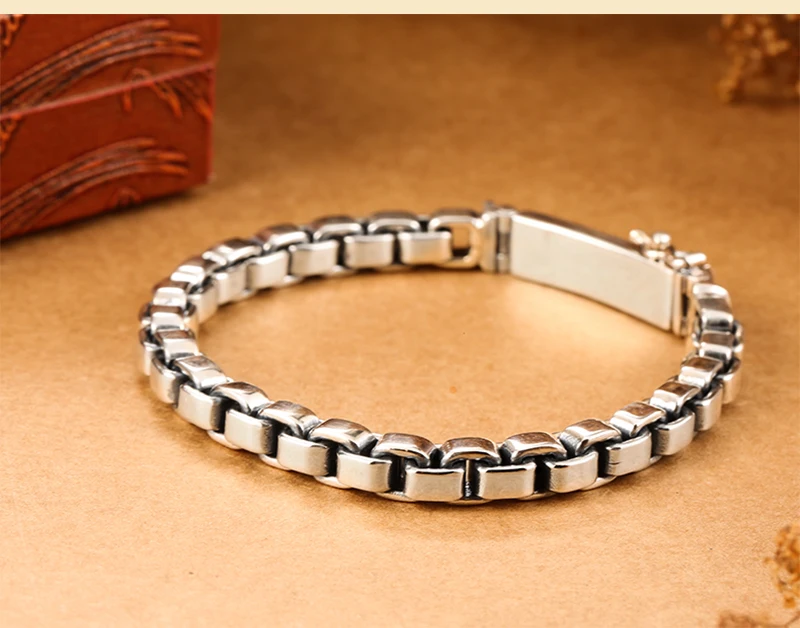 ZABRA 925 Sterling Silver Box Chain 6mm Bracelet Mens Women Thai Silver Vintage Punk Handmade Male Bracelet Femme Bangle Jewelry