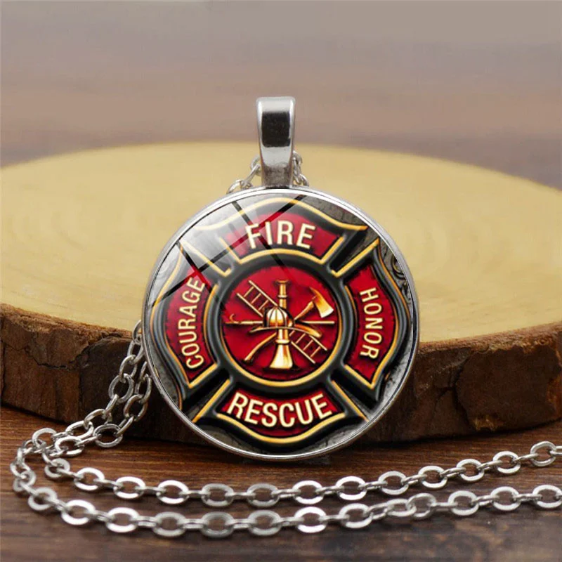 

Rescue Firefighter Necklace Fire Fighter Pendant Fireman Jewelry Fire Department Pendant Necklace Glass Cabochon Silver Jewery