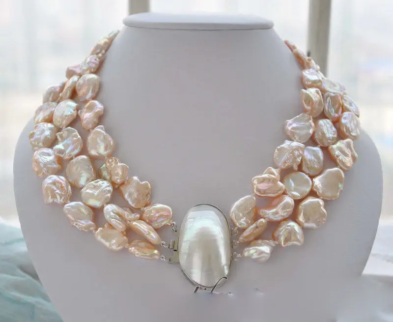 

Hot sale new Style >>>>>3strands 19mm BAROQUE pink KESHI REBORN PEARL NECKLACE mabe clasp