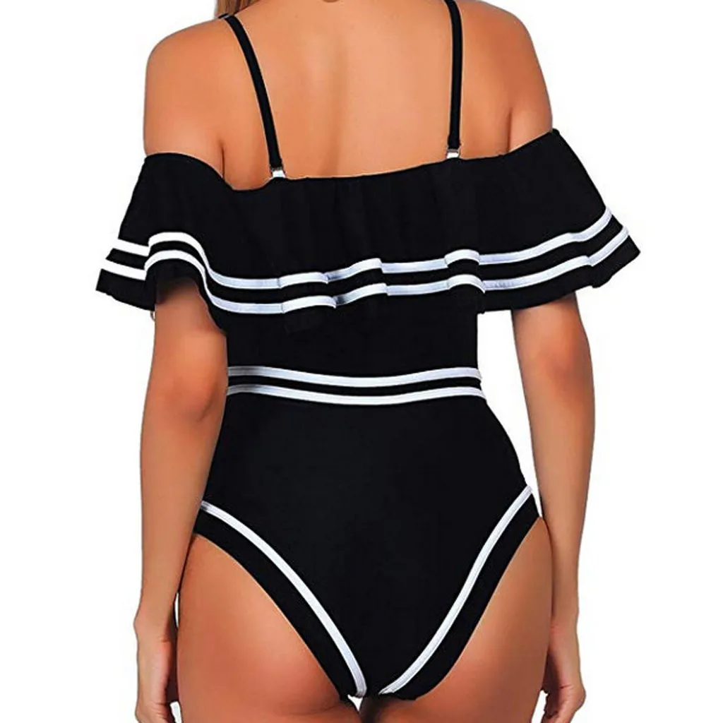 Plus size bademode Women 1 Piece Vintage Navy Ruched Flounce Off Shoulder Swimwear Sexy bikini set striped Swimwear 2#5