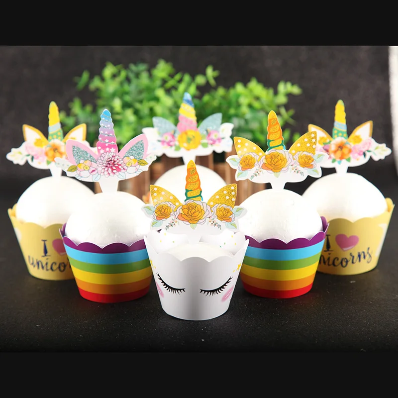 Unicorn Cupcake 12pcs Wrappers+ 12pcs Toppers set Kids Happy Birthday Party Supplies Cake Baking Baby Shower Party Decoration