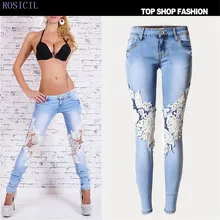 ROSICIL Women Fashion Side Lace Jeans Hollow Out Skinny Denim Jeans Woman Pencil Pants Patchwork Trousers for Women TSL008#