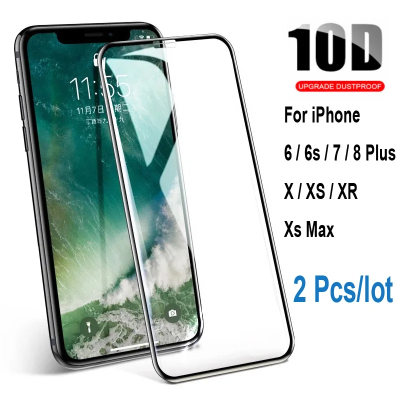 

2Pcs/lot 10D Fulll Tempered Glass For iPhone X 6 6s 7 8 Plus XR XS Max Screen Protector Glass Film For iPhone 6 7 8 X XR XS Max